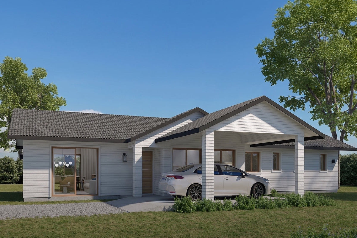 Render 3D del modelo Andes de CasasCAD, 129,94 m² construido en terreno propio