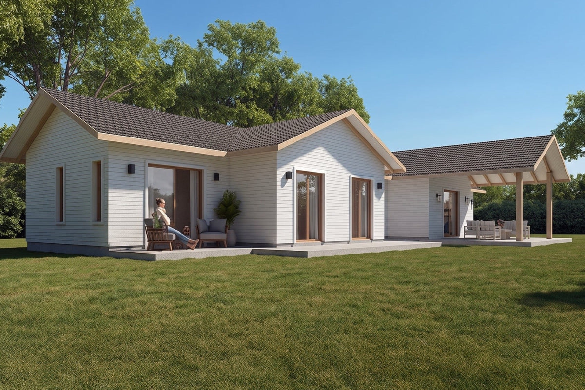 Render 3D del modelo Español de CasasCAD, 186,29 m² con siding blanco y techumbre de zinc teja